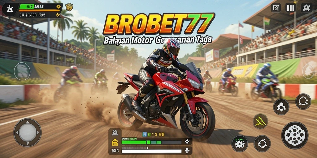 Tampilan gameplay mendebarkan dari BROBET77 dengan balapan motor yang intens.