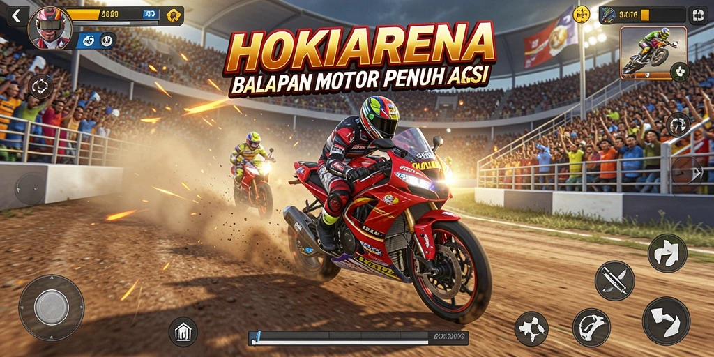 Tampilan gameplay yang mendebarkan di HOKIARENA saat balapan motor.
