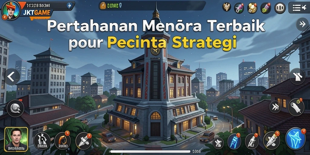 Screenshot gameplay JKTGAME menunjukkan aksi menara mempertahankan markas.