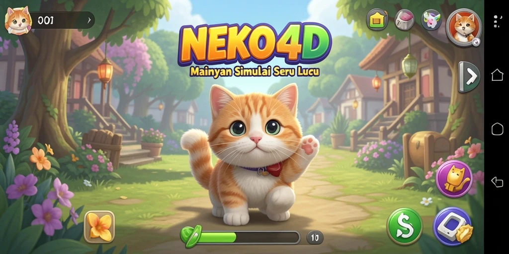 Screenshot utama NEKO4D menampilkan gameplay interaktif dengan kucing lucu.