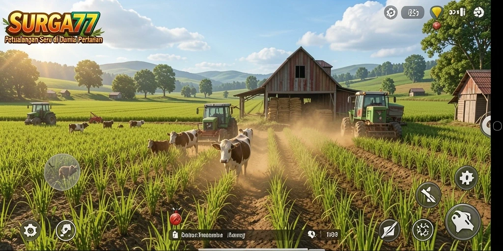 Screenshot gameplay SURGA77 menampilkan ladang hijau subur dan aktivitas bertani.